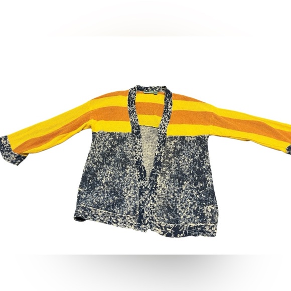 Anthropologie Maple Yellow Blue Stripe Open Front Linen Cardigan Sweater S - Picture 2 of 8